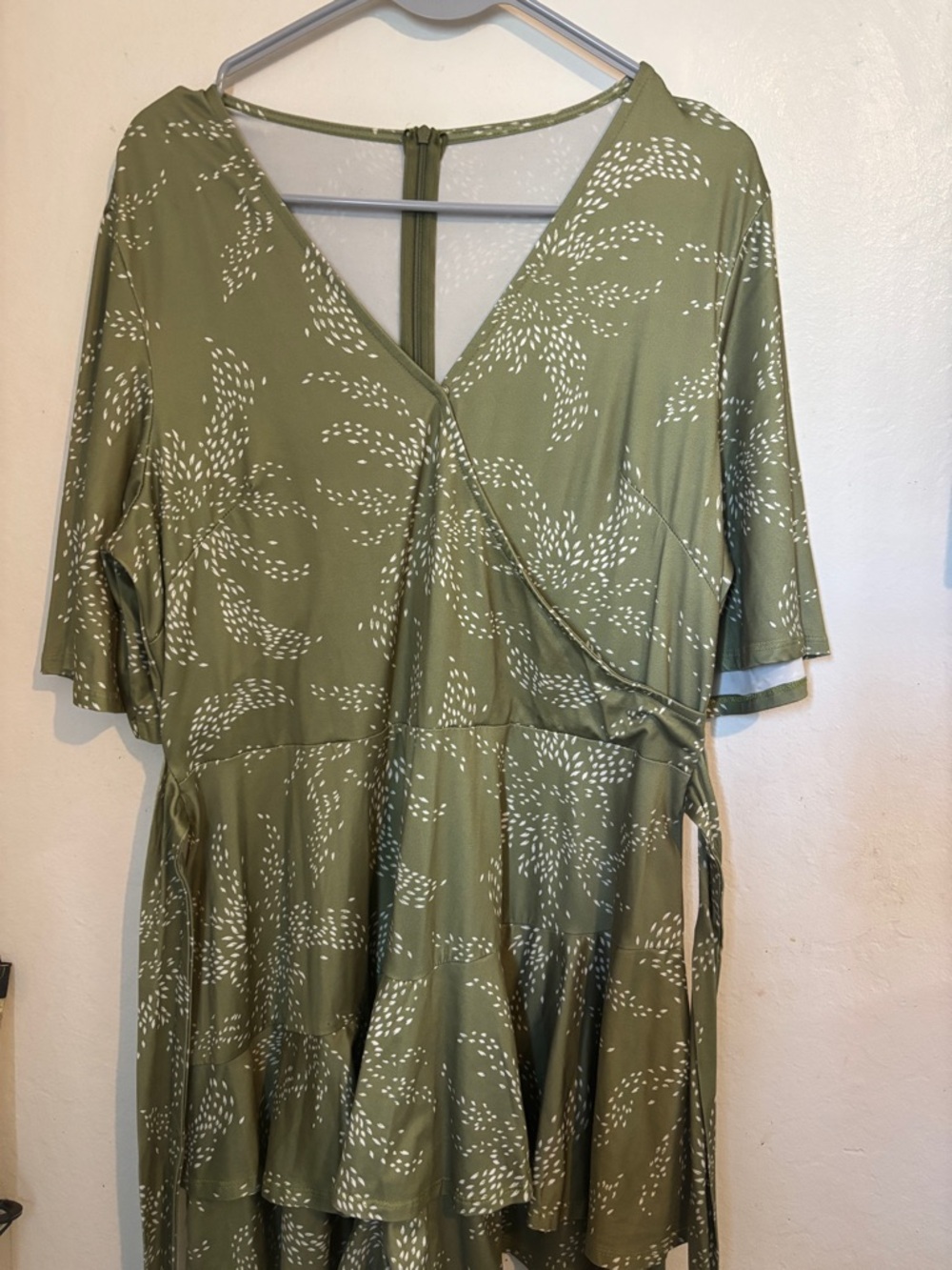 Olive Green Printed Wrap-Style Dress
